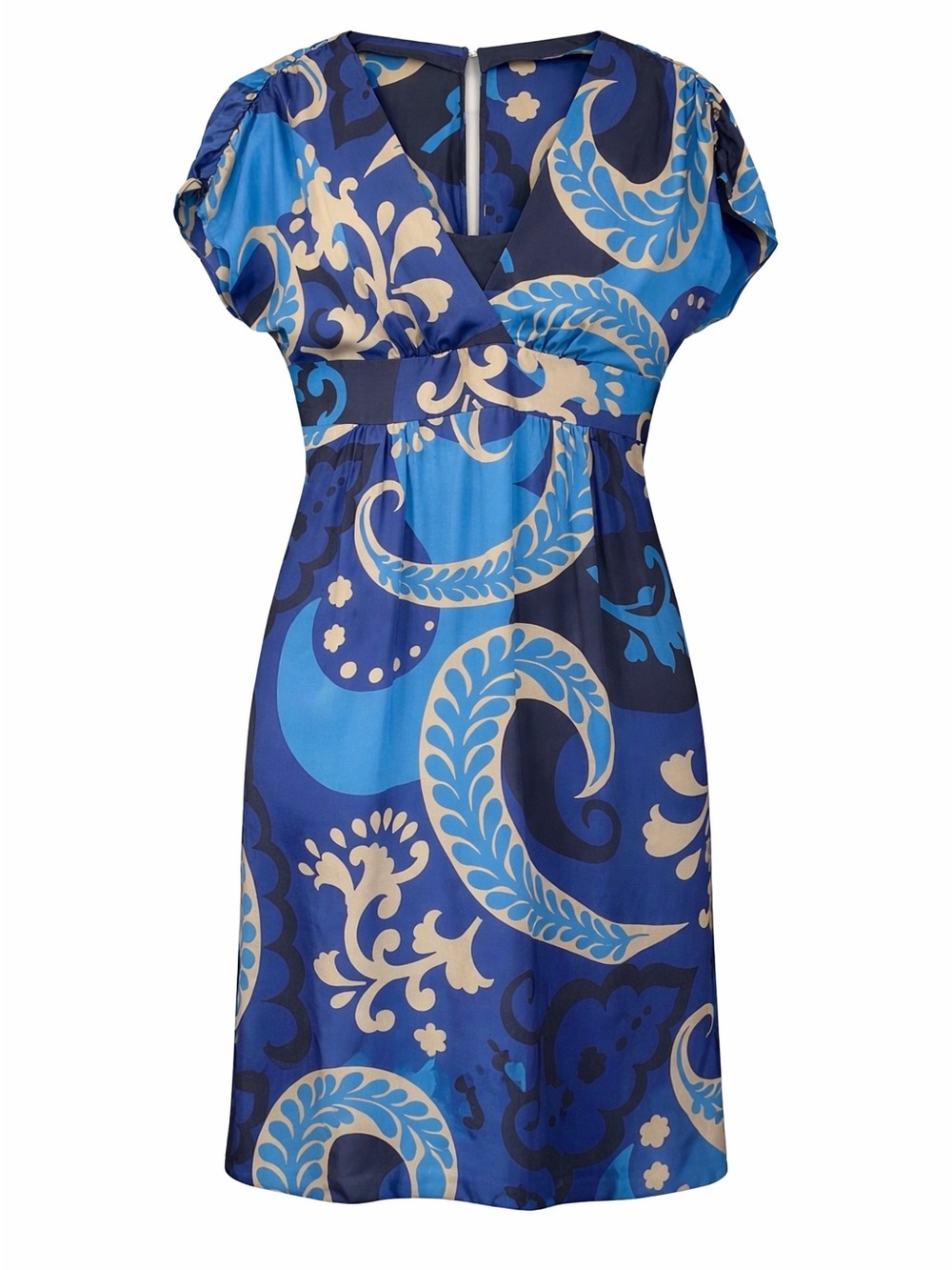 Boden Blue Paisley Silk Midi Dress Size 10 Flutter Sleeve V-Neck Lined